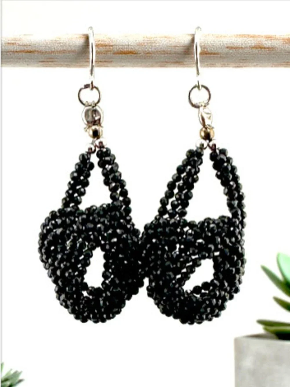 Vintage Black Faceted Beaded Earrings Elegant Openwork Sculptural Dangle 2.5